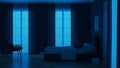 Modern house interior. Bedroom in blue tonnes.