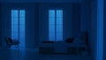 Modern house interior. Bedroom in blue tonnes. Night. Evening lighting. Royalty Free Stock Photo