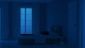 Modern house interior. Bedroom in blue tonnes. Night. Evening lighting. Royalty Free Stock Photo