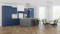 Modern house interior. Blue kitchen with a gray island. Royalty Free Stock Photo