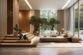 Modern house interior, hallway of luxury home with plants and couches