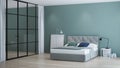 Modern house interior. Interior bedroom with glass partitions. Royalty Free Stock Photo