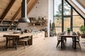 Modern house interior, large kitchen and wood furniture in attic floor