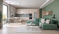 Modern house interior of living room and a kitchen in beige and green colors. Generative ai Royalty Free Stock Photo