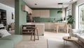 Modern house interior of living room and a kitchen in beige and green colors. Generative ai Royalty Free Stock Photo