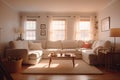 Modern house interior of living room and a kitchen in beige and green colors. Royalty Free Stock Photo