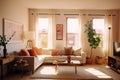 Modern house interior of living room and a kitchen in beige and green colors. Royalty Free Stock Photo