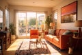 Modern house interior of living room and a kitchen in beige and green colors. Royalty Free Stock Photo