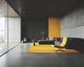 Modern house interior. Scandinavian style. Dark concrete wall and yellow elements. View of the large window. Natural day light Royalty Free Stock Photo