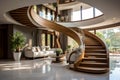 Modern house interior with spiral staircase, hallway in luxury mansion Royalty Free Stock Photo