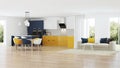 Modern house interior with yellow kitchen.