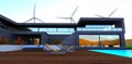 Modern house with long fenced terrace. Large mirror windows. Wind turbines behind. 3d rendering