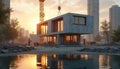 Modern house module placed by crane on construction site. Workers oversee building process in urban area with skyscrapers in Royalty Free Stock Photo
