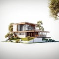 Modern house with an open-air design, sitting on top of hill. It is surrounded by trees and greenery, giving it natural Royalty Free Stock Photo