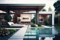 Modern House with Outdoor Patio and Swimming Pool for Relaxation. Royalty Free Stock Photo