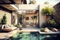 Modern House with Outdoor Patio and Swimming Pool for Relaxation. Royalty Free Stock Photo