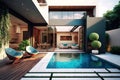 Modern House with Outdoor Patio and Swimming Pool for Relaxation. Royalty Free Stock Photo