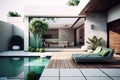 Modern House with Outdoor Patio and Swimming Pool for Relaxation. Royalty Free Stock Photo