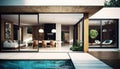 Modern House with Outdoor Patio and Swimming Pool for Relaxation. Royalty Free Stock Photo