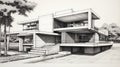 Modern House Pencil Drawing: Concrete Brutalism With Detailed Shading