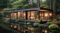 A modern house on a pond surrounded by trees, AI
