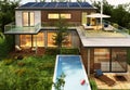 Modern house with pool and solar panels Royalty Free Stock Photo