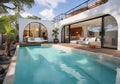 Modern house with a private swimming pool. Calm, relaxing and stunning villa. Family area during weekend. Generative AI
