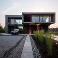 Modern house design in a simple modern exteriormodern house ,in the rice field , black metal and concrete Royalty Free Stock Photo