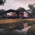 modern house ,in the rice field , black metal and concrete Royalty Free Stock Photo