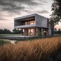 modern house ,in the rice field , black metal and concrete Royalty Free Stock Photo
