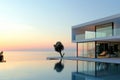 Modern house by the sea at sunset with beautiful sky Royalty Free Stock Photo