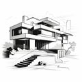 Modern House Sketch: Stylized Figures And Monochrome Geometry