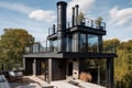 a modern house with a sleek metal chimney stack and rooftop terrace