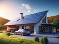 Modern house with solar panels and modern car near house. Royalty Free Stock Photo