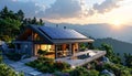 Luxury modern house with solar panels and infinity pool on a mountainside at sunset home Royalty Free Stock Photo