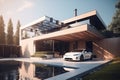 Modern house with solar panels on the roof and electric car AI generated Royalty Free Stock Photo