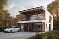 Modern house with solar panels on the roof and electric car AI generated Royalty Free Stock Photo