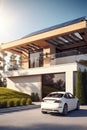 Modern house with solar panels on the roof and electric car AI generated Royalty Free Stock Photo