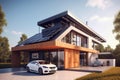 Modern house with solar panels on the roof and electric car AI generated Royalty Free Stock Photo