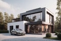 Modern house with solar panels on the roof and electric car AI generated Royalty Free Stock Photo