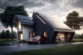 A modern house with solar panels on the roof and an electric car in the yard near the house, Generative AI Royalty Free Stock Photo
