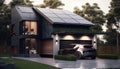 A modern house with solar panels on the roof and an electric car in the yard near the house, Generative AI Royalty Free Stock Photo