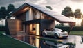 A modern house with solar panels on the roof and an electric car in the yard near the house, Generative AI. Royalty Free Stock Photo