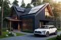 A modern house with solar panels on the roof and an electric car in the yard near the house, Generative AI. Royalty Free Stock Photo