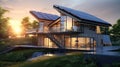 Modern house with solar panels, sunset, wooded hillside.