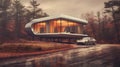 Slowly Driven Car Next To Futuristic House In Woods With Timeless Elegance