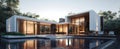 The modern house with a stunning pool and lush greenery at sunset. AI generated image Royalty Free Stock Photo