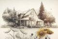modern house surrounded by sunflowers, pencil sketch on a summer day Royalty Free Stock Photo