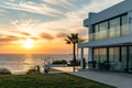 Modern house with swimming pool and sea view at sunset. Nobody inside Royalty Free Stock Photo