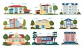Modern House Vector Illustrations, Cartoon Flat Home Apartment, Facade Exterior Of Residential Building Set Icons